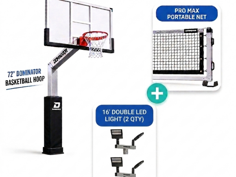 The Ultimate Pro-Conversion Court Bundle (72″ Dominator Basketball Hoop + Pro Max Portable Net + 16′ Double LED Light)