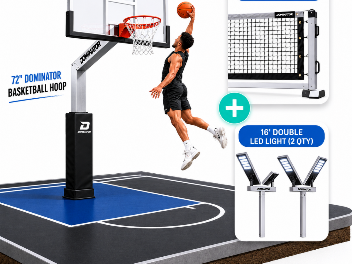 The Ultimate Pro-Conversion Court Bundle (72″ Dominator Basketball Hoop + Pro Max Portable Net + 16′ Double LED Light)